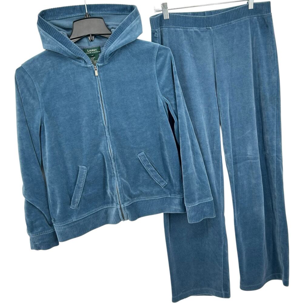 Vintage y2k Women's Blue Lauren Ralph Lauren Velour Tracksuit Set Size Medium
